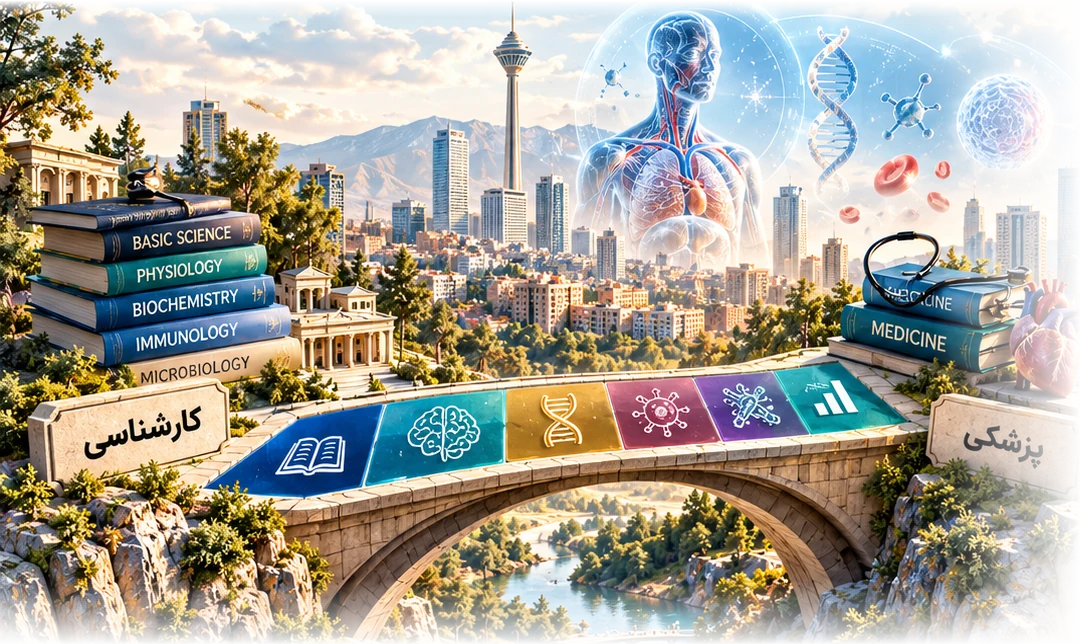 پلی از مقطع کارشناسی به پزشکی بر فراز نمای شهر تهران و برج میلاد؛ کتابهای علوم پایه در یک سو و منابع پزشکی در سوی دیگر.